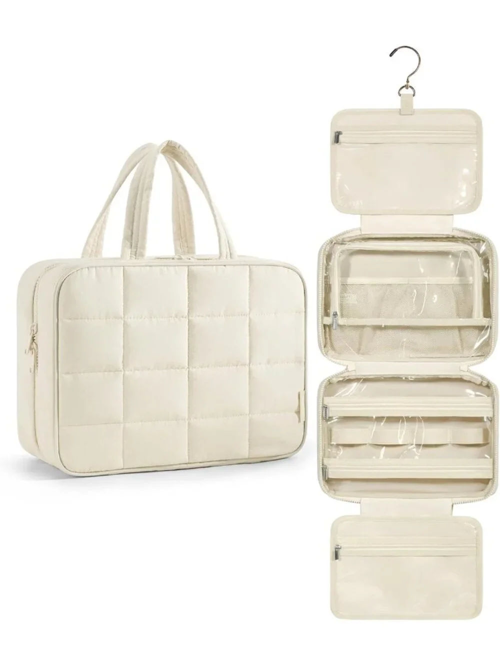 Travel Toiletry Bag with Jewelry Organizer | Hanging Makeup Cosmetic Bag | Beige